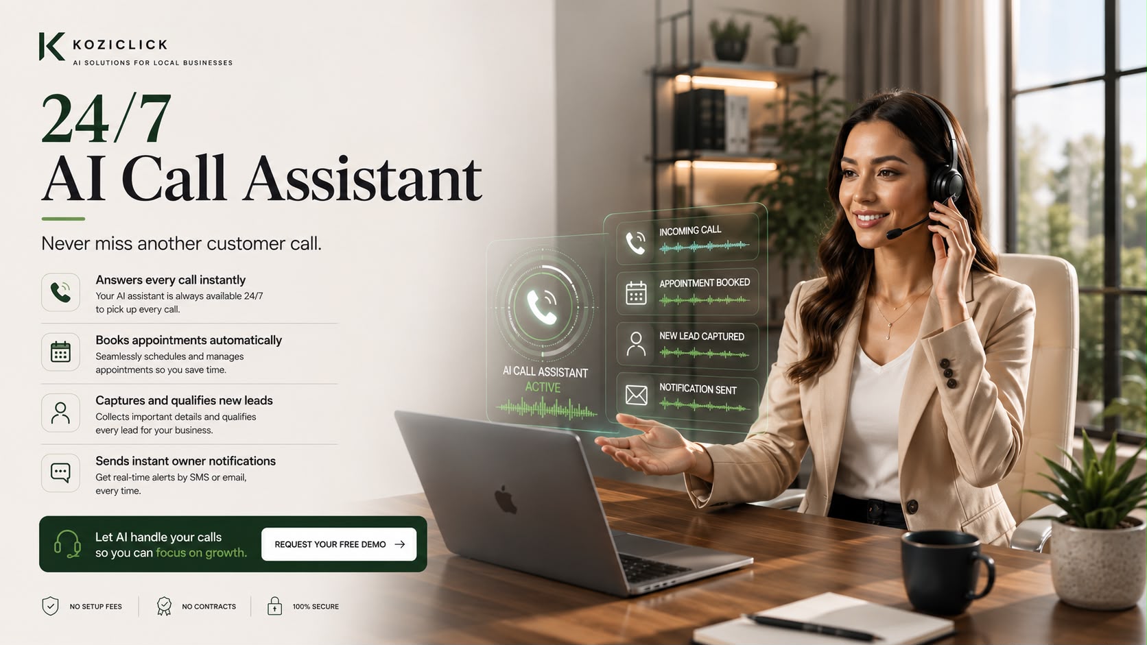 AI call assistant interface answering and logging a customer call