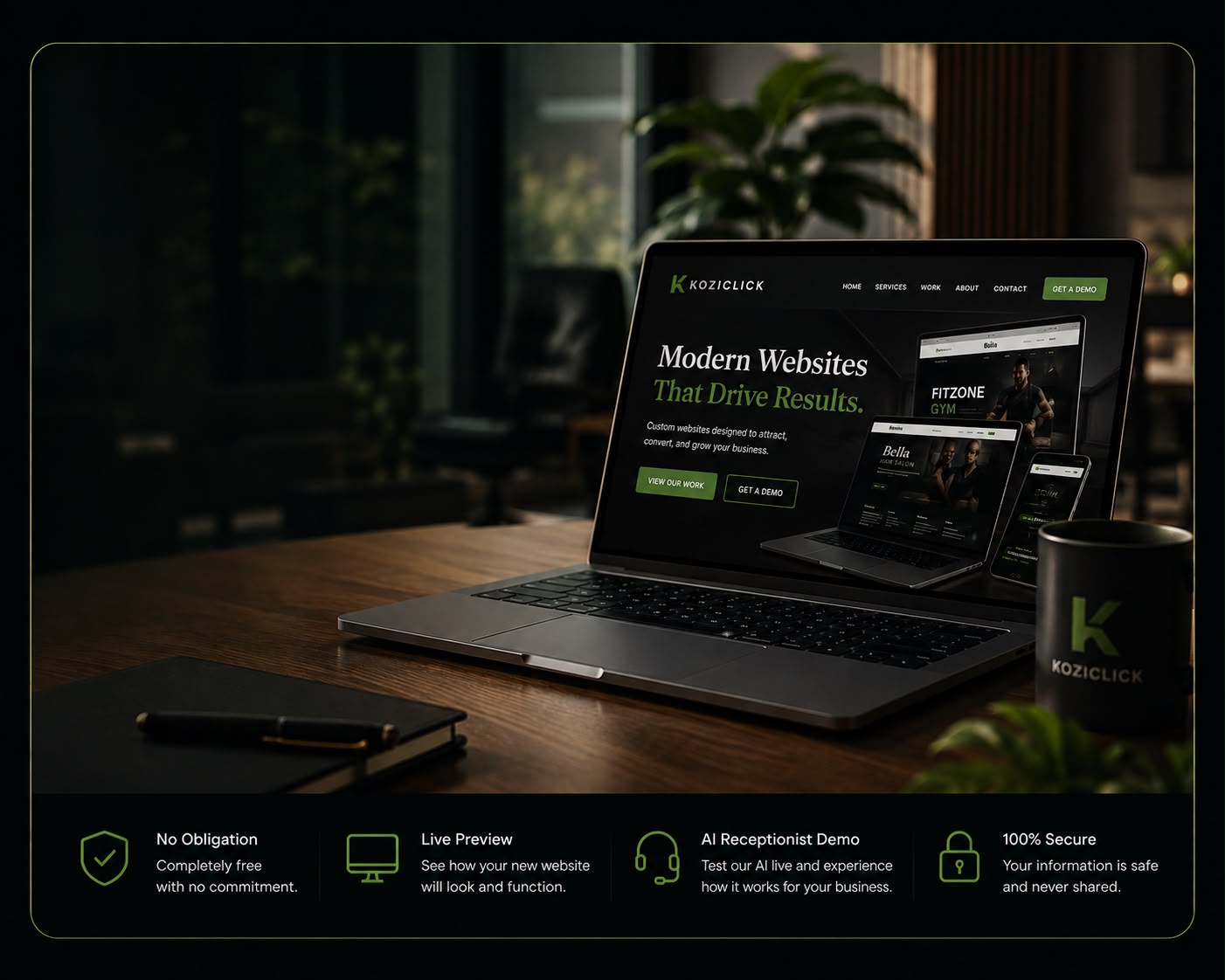 Koziclick website preview shown on laptop and tablet in a modern office
