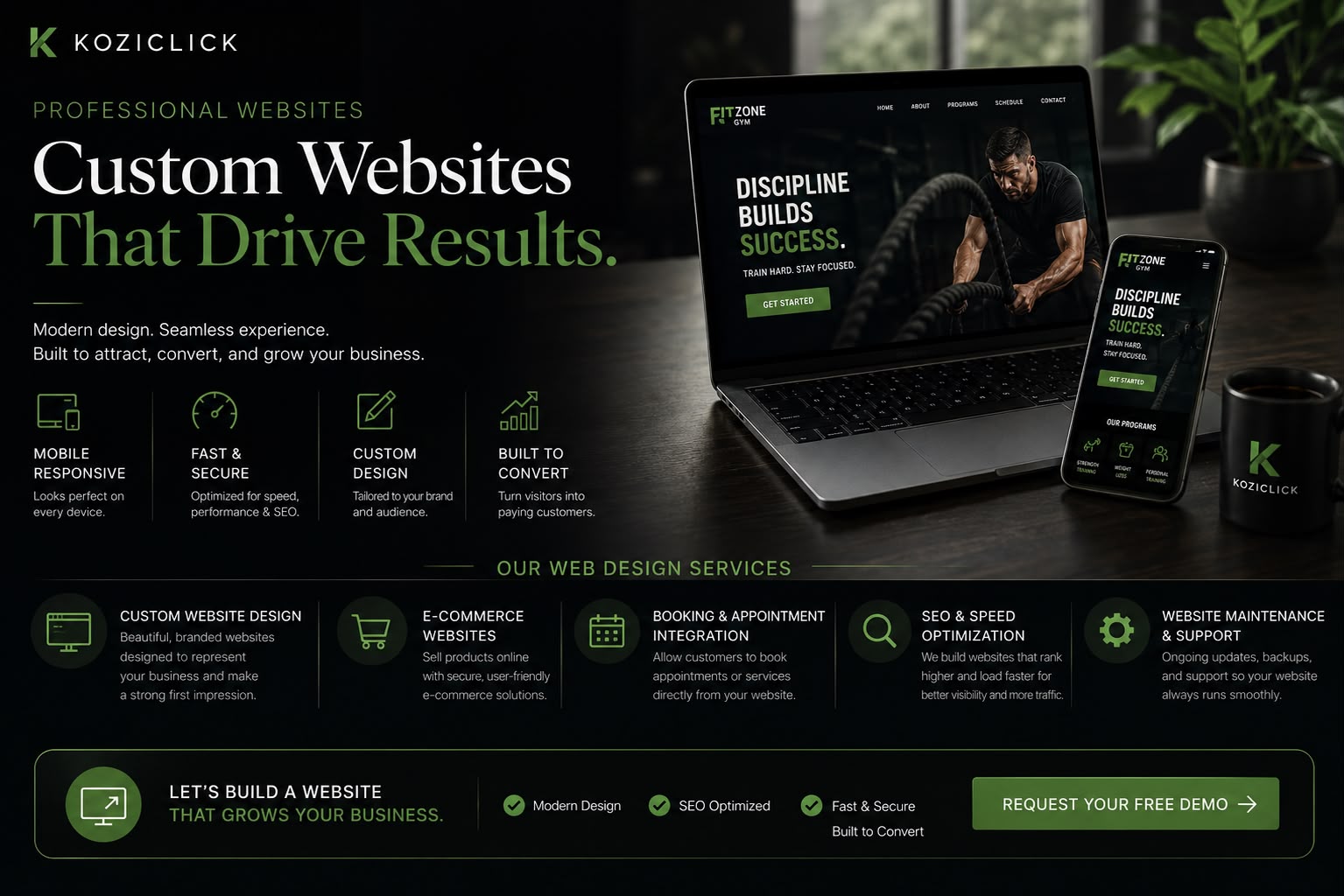 Custom-designed gym business website shown on laptop and phone